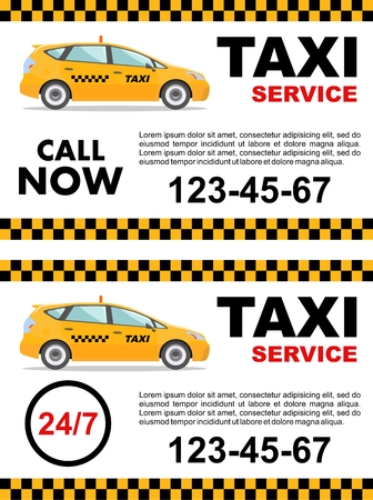 Taxi service concept. Vector banner, poster or flyer. Detailed illustration of yellow taxi car.のイラスト素材
