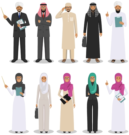 Set of Arabian businessman and businesswoman standing in different positions in flat style.のイラスト素材