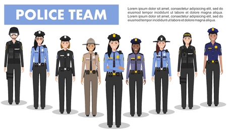 Police team. Detailed illustration of police people in flat style on white background.のイラスト素材