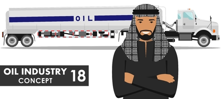 Detailed illustration of gasoline truck and arab man in flat style on white background.のイラスト素材