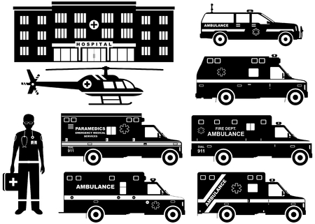Silhouettes illustration of ambulance cars, hospital, medical people and helicopter isolated on white background.のイラスト素材