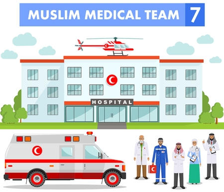 Detailed illustration of muslim arabic medical staff people, medical helicopter, ambulance car and hospital building in flat style on white background.のイラスト素材