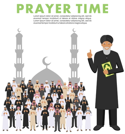 Islamic people standing together with beads in hands and pray. Mufti with quran. Silhouette of a mosque and minarets. Vector illustration.のイラスト素材