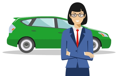 Detailed illustration of automobile and american, european businesswoman on white background in flat style.のイラスト素材