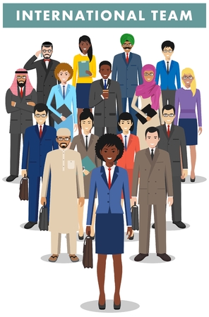 Group of creative people isolated on white background. Set of diverse business people standing together. Different nationalities and dress styles. Cute and simple in flat style.のイラスト素材