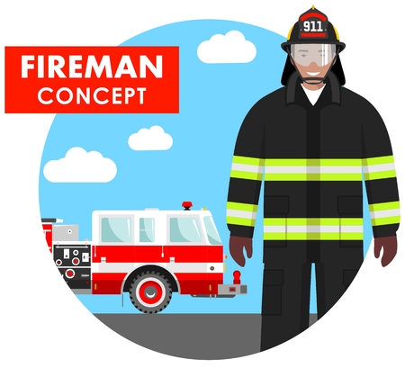 Detailed illustration of fireman in uniform on background with fire truck in flat style.のイラスト素材