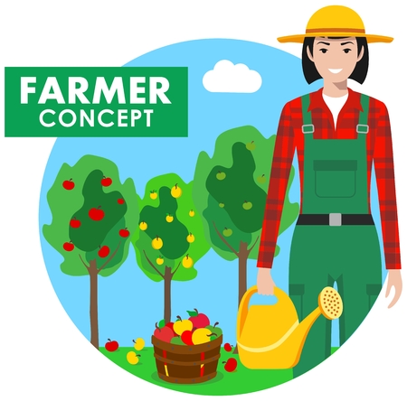 Detailed illustration of farmer gardener woman in overalls on background with apple trees in flat style. Vector illustration.のイラスト素材
