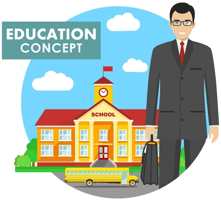 Detailed illustration of teacher on background with classical school building and school bus in flat style. Vector illustration.のイラスト素材