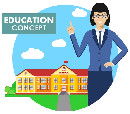 Detailed illustration of teacher on background with classical school building in flat style. Vector illustration.のイラスト素材