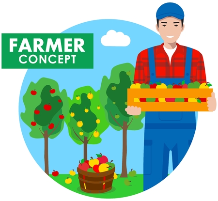 Detailed illustration of farmer gardener man in overalls on background with apple trees in flat style. Vector illustration.のイラスト素材