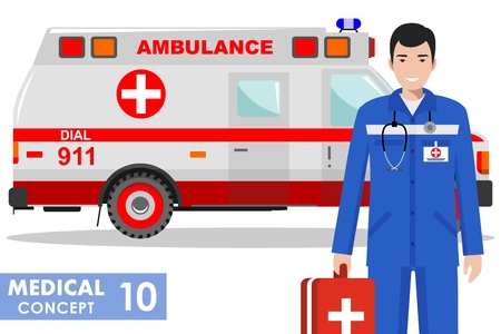 Detailed illustration of medical people and ambulance car in flat style on white background.のイラスト素材
