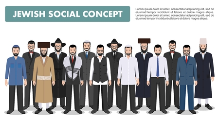 Jewish men standing together in different traditional clothes on white background in flat style. Group adults israel people. Different dress styles. Flat design people characters. Social concept. Family concept.のイラスト素材