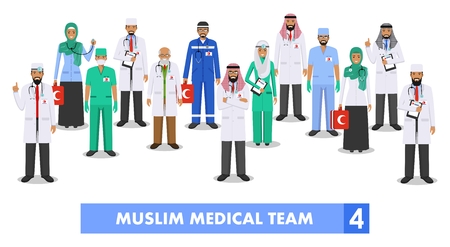 Detailed illustration of muslim arabic medical staff people in flat style on white background.のイラスト素材