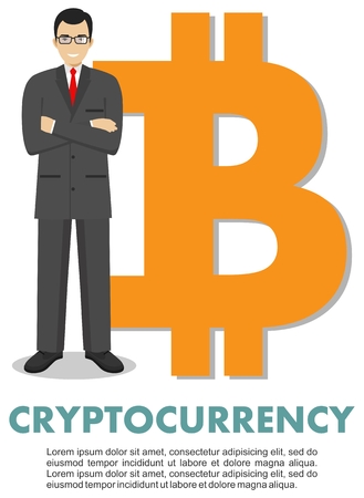 Businessman with bitcoin sign. Bitcoin sign, digital currency, cryptocurrency, electronic money. Cryptocurrency concept.のイラスト素材