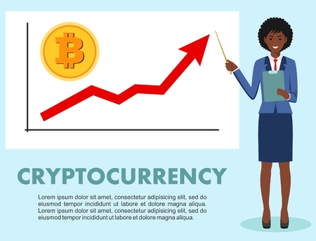 Businesswoman and graph with trend line rising up and coin with a sign of bitcoin in flat style isolated.のイラスト素材