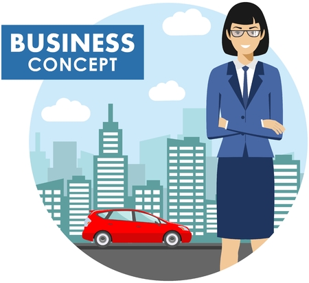 Detailed illustration of businesswoman on background with red car and cityscape in flat style.のイラスト素材