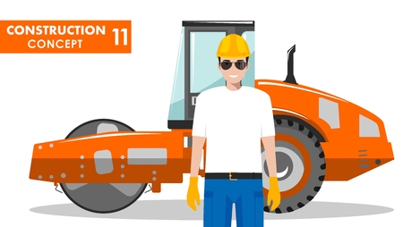 Worker concept. Detailed illustration of workman and compactor in flat style on white background. Heavy construction machine. Vector illustration.のイラスト素材