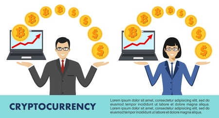 Cryptocurrency concept. Bitcoin mining, exchange, mobile banking. Digital currency electronic money. Businessman and businesswoman with laptop in hand. Relocating bitcoins into dollars. Vector.のイラスト素材