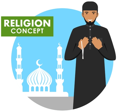 Islamic man with beads in hands pray. Muslim person standing on the background silhouette of mosque and minarets. Vector illustration.の写真素材