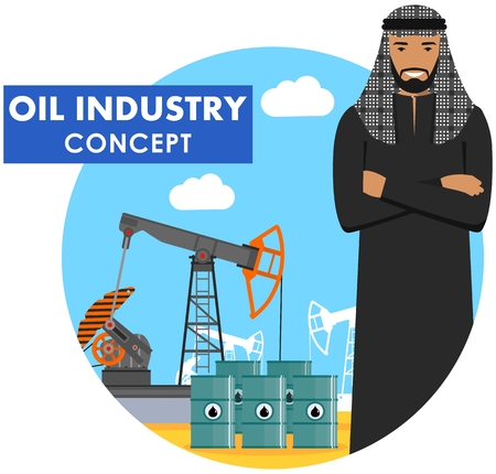 Oil industry concept. Detailed illustration of arab muslim businessman on background with oil pump and barrels with fuel flat style on white background. Vector illustration.の写真素材