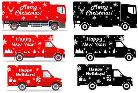 Christmas and New Year delivery. Set of different detailed illustration of delivery trucks and black silhouettes isolated on white background in flat style. Vector illustration.のイラスト素材