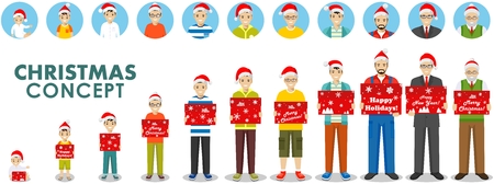 Christmas and New Year concept. People generations at different ages hold the box in the Santa Claus hat. Man aging: baby, child, teenager, adult, old people. Different characters avatars icons set.のイラスト素材