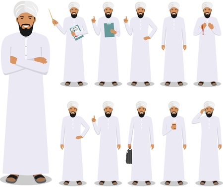 Detailed illustration of muslim or indian businessman standing in different positions in flat style on white background.のイラスト素材