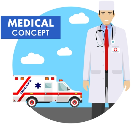 Medical concept. Detailed illustration of medical people in uniform on background with ambulance car in flat style.のイラスト素材