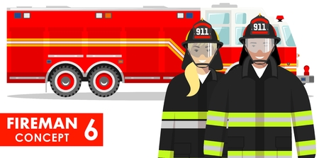 Firefighter concept. Detailed illustration of fireman and firewoman in uniform standing together near fire truck in flat style on white background. Vector illustration.のイラスト素材