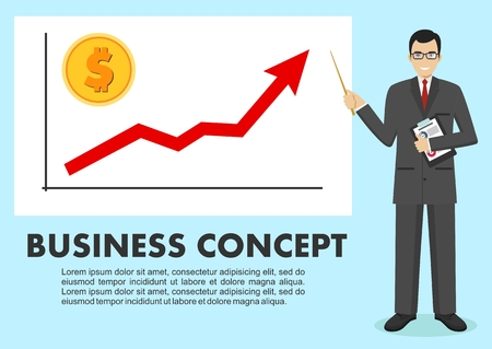 Businessman and graph with trend line rising up and coin with a sign of dollar in flat style isolated in blue background. Research graphs market, diagrams and charts financial reports vector illustration.のイラスト素材