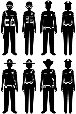 Police people concept. Set of different silhouettes of SWAT officer, policeman, policewoman and sheriff in flat style on white background.のイラスト素材