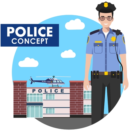 Policeman concept. Detailed illustration of standing police officer in uniform on background with police department and helicopter in flat style.のイラスト素材