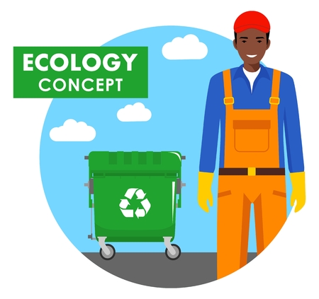 Ecology concept. Detailed illustration of garbage man and green dump can on blue background in flat style. Vector illustration.のイラスト素材