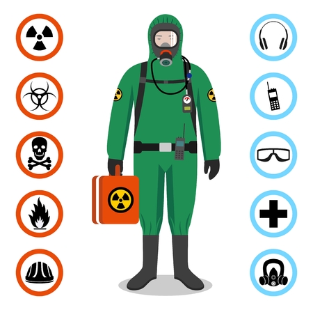Man in green protective suit in flat style. Dangerous profession. Occupational safety and health vector icons.のイラスト素材