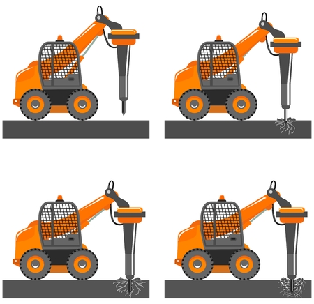 Detailed illustration of car with hammer. Mini excavator with different boom position destroys the asphalt, road, soil, rock. Hydraulic crusher. Heavy construction machine. Special building machineryのイラスト素材