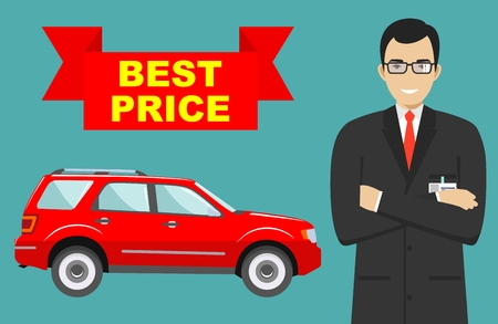 Car showroom. Big sale. Smiling manager sells new business class automobile. Detailed illustration of businessman and red auto in flat style. Dealer with car.のイラスト素材