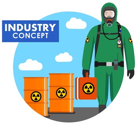 Industry concept. Detailed illustration of worker in protective suit on background of barrels with chemical, radioactive, toxic, hazardous substances in flat style. Vector illustration.のイラスト素材