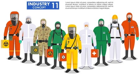 Chemical industry concept. Group different workers standing together in differences protective suits on white background in flat style. Dangerous profession. Vector illustration.のイラスト素材