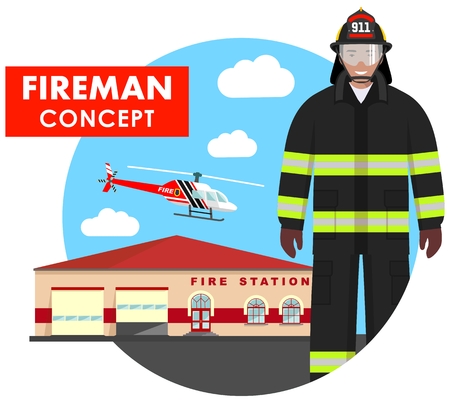 Fireman concept. Detailed illustration of firefighter in uniform on background with fire station building and helicopter in flat style. Vector illustration.のイラスト素材