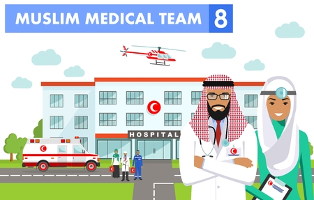 Medical concept. Detailed illustration of muslim arabian doctor, nurses, helicopter, ambulance car and hospital building in flat style isolated. Practitioner arabic doctors man and woman standing.のイラスト素材