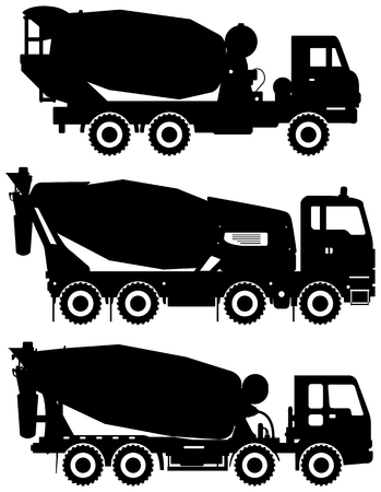 Set of different silhouettes concrete mixer. Heavy construction machines. Vector illustration.のイラスト素材