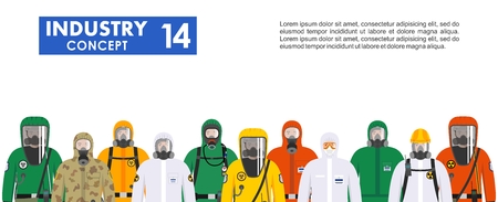 Group different workers in differences protective suits standing together in row on white background in flat style. Dangerous profession. Vector illustration.のイラスト素材