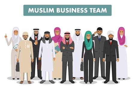 Business and social concept. Group young muslim people standing together in different traditional islamic clothes on white background in flat style. Arab businessman and businesswoman. Vector.のイラスト素材