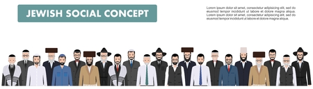 Family and social concept. Group adults and old jewish men standing together in different traditional clothes in flat style.のイラスト素材