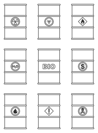 Industry concept. Set of different contour silhouettes barrel for liquids: water, oil, biofuel, explosive, chemical, radioactive, toxic, hazardous, dangerous, flammable and poisonous substances.の写真素材