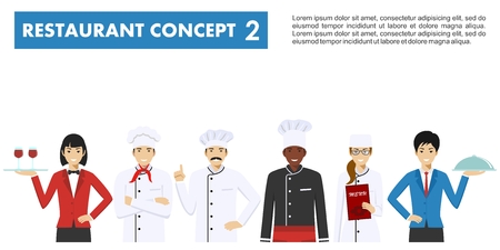 Restaurant team concept. Group of people characters: head chef, cooks, sommelier and waitress in different uniform and positions in flat style isolated on white background.のイラスト素材