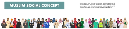 Social concept. Large group muslim arabic people professions occupation standing together in different suit and traditional clothes in flat style. Arab men and women in row.のイラスト素材