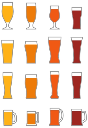 Set of different contour silhouettes beer glasses isolated on white background. Glass collection. Alcohol drinks glasses set outline vector illustration.のイラスト素材