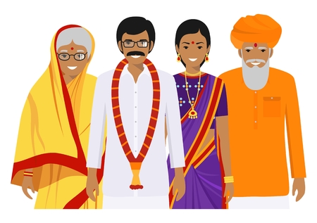 Family and social concept. Indian person generations at different ages. Set of adult people in traditional national clothes: father, mother, grandmother, grandfather standing together. Vector illustration.の写真素材