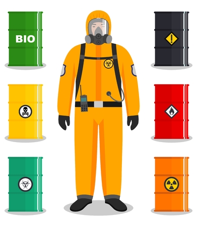 Industry concept. Detailed illustration of worker in protective suit. Metal barrels for oil, biofuel, explosive, chemical, radioactive, toxic, hazardous, dangerous, flammable and poisonous substances.のイラスト素材